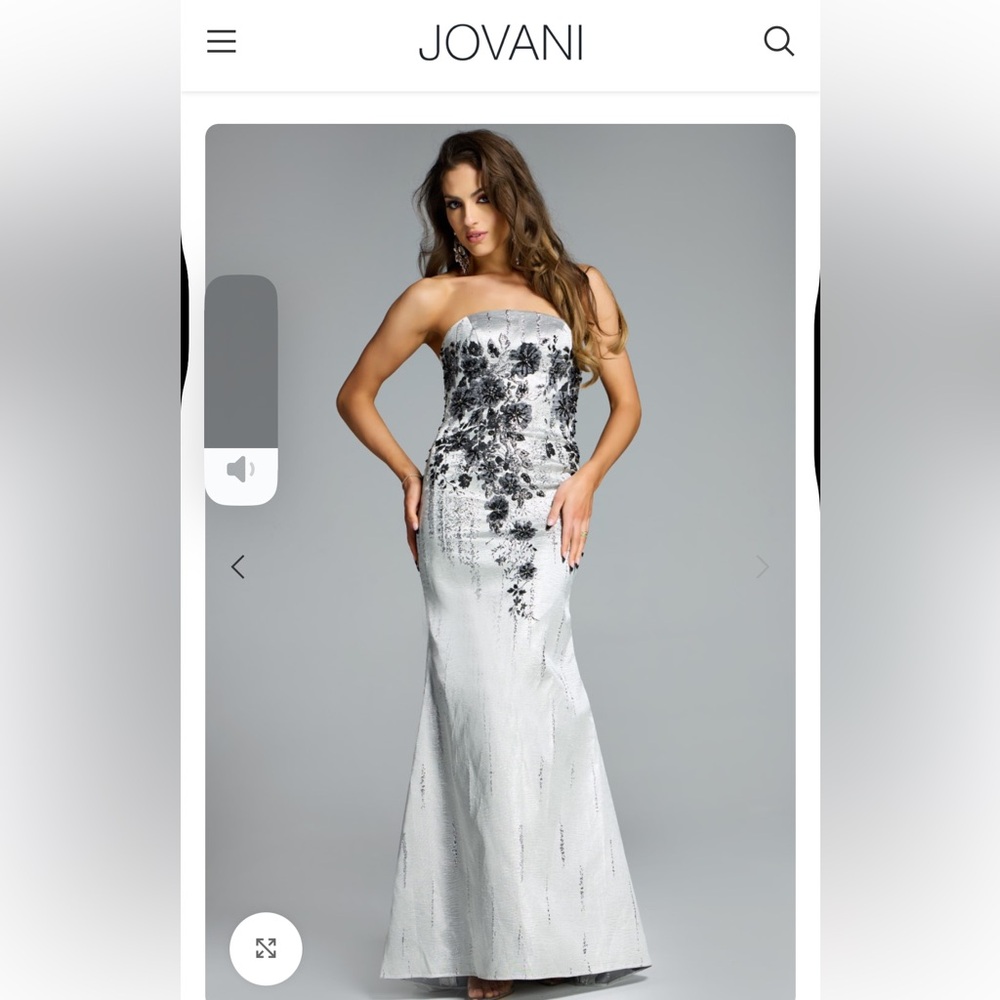 Jovani Elegant Silver Gown with Black Floral Accents